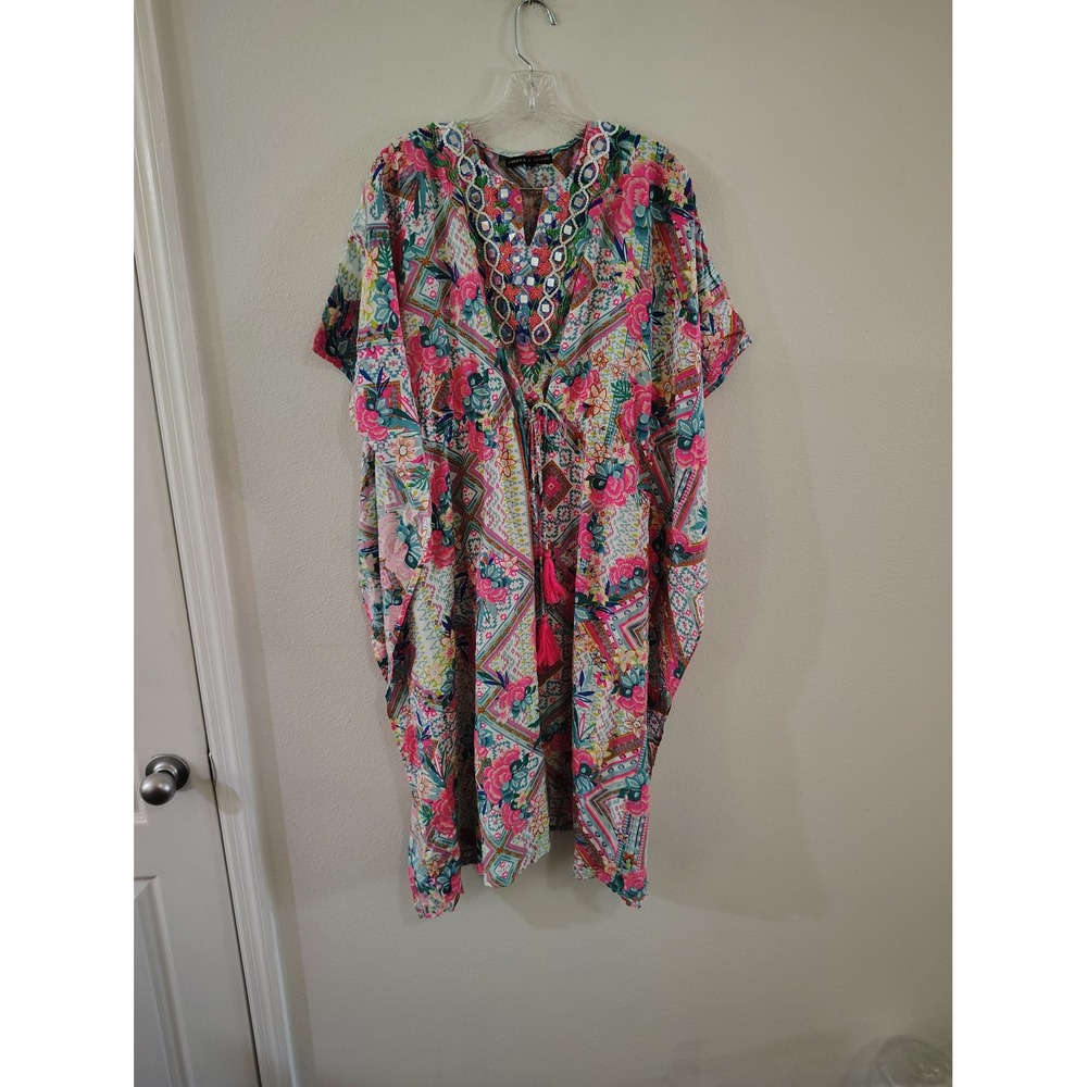 America & Beyond Floral Kaftan Dress Pink Beaded Mirror Tassel Boho Medium